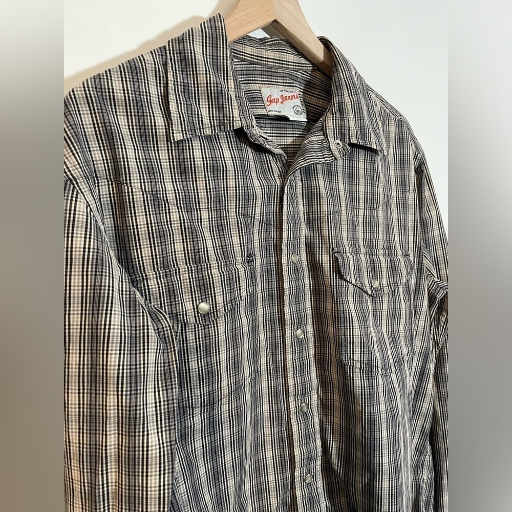 Gap Jeans 1969 Pearl Snap Shirt Large Gray Black Beige Plaid Long Sleeve Y2K - Picture 3 of 9